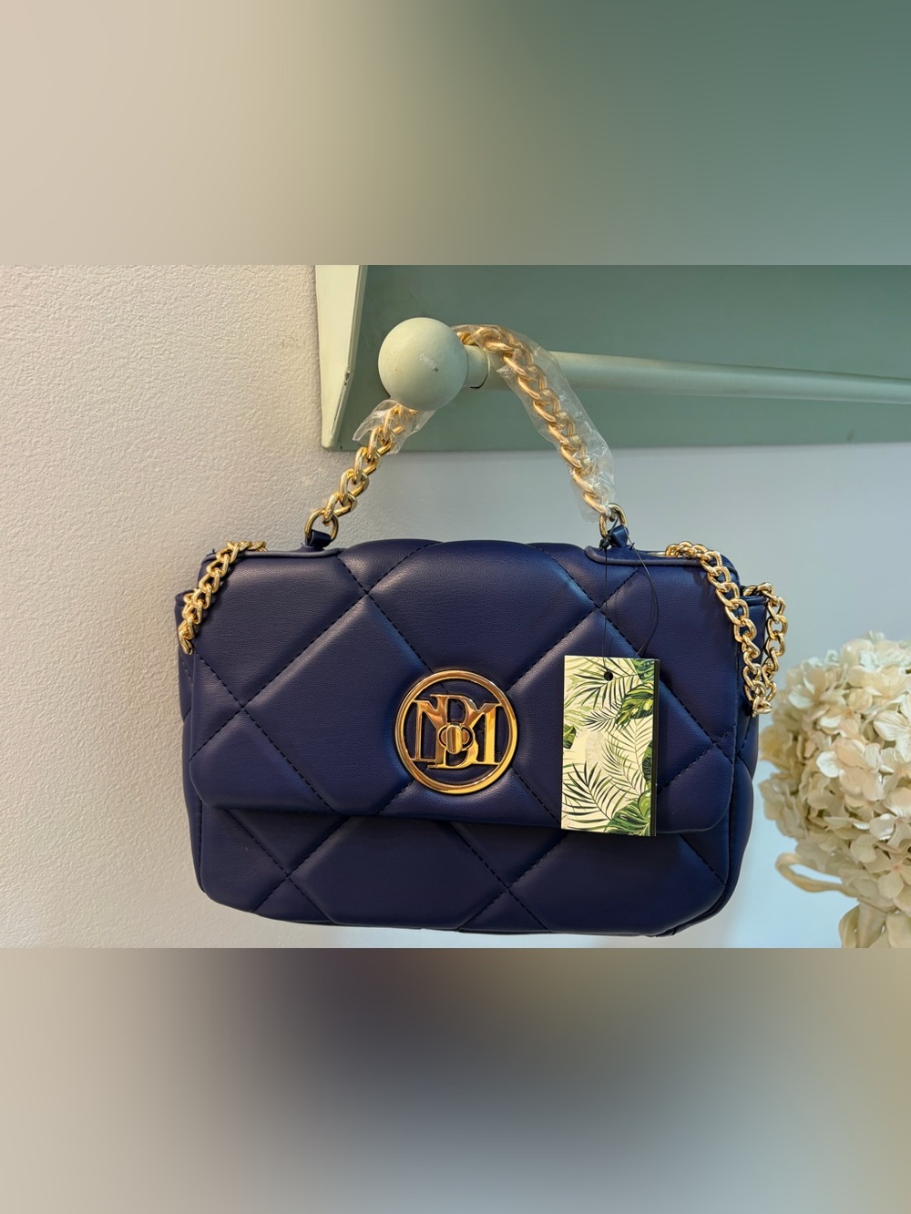 NWT Badgley Mischka Quilted Shoulder Bag with Gold Chain and Logo Medallion